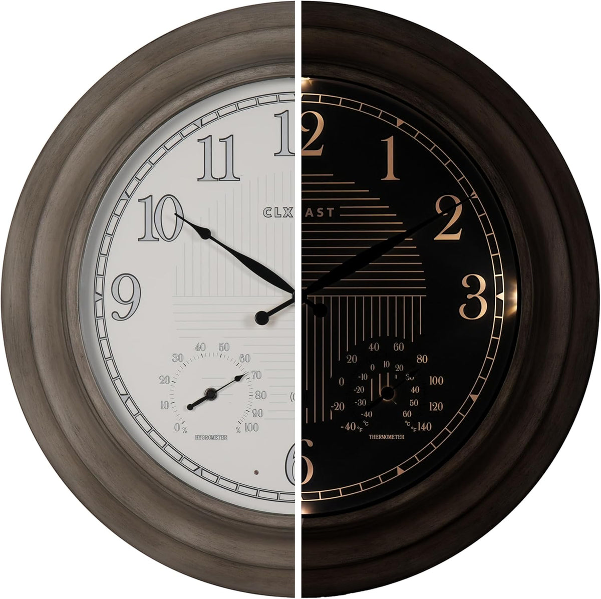 CLXEAST 24 Inch Self-Illuminated in/Outdoor Atomic Wall Clock with Temperature and Humidity, Oversized Large 24 Inch Wall Clocks for Living Room Decor, Brushed Grey Oak Wooden Finish