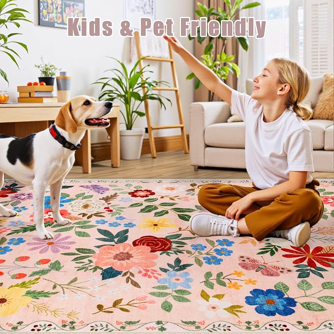 PLHXFR 8x10 Area Rug Living Room: Floral Washable Boho Soft Carpet Beige | - Image 7