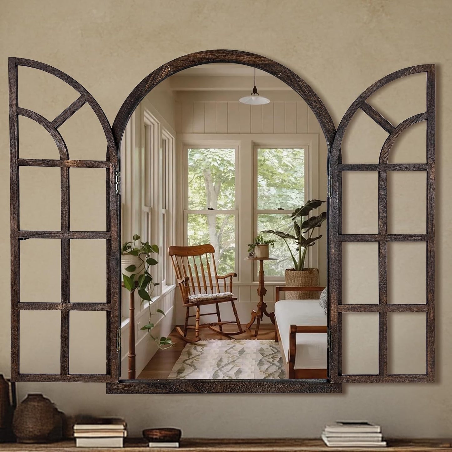 Arched Wall Mirror with Window Design, 36"x24" Rustic Farmhouse Wood Mirror for Wall Decor, Decorative Vintage Arch Mirror for Living Room, Bedroom, Entryway