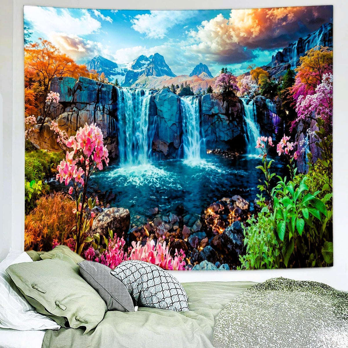 Delur Waterfall Tapestry Tropical Forest Mountain Sunset Tree Wall Hanging Tapestry Scenic Rainforest Landscape Nature Sunrise Headboard for Bedroom Living Room Home Decor (59.1" x 78.7")
