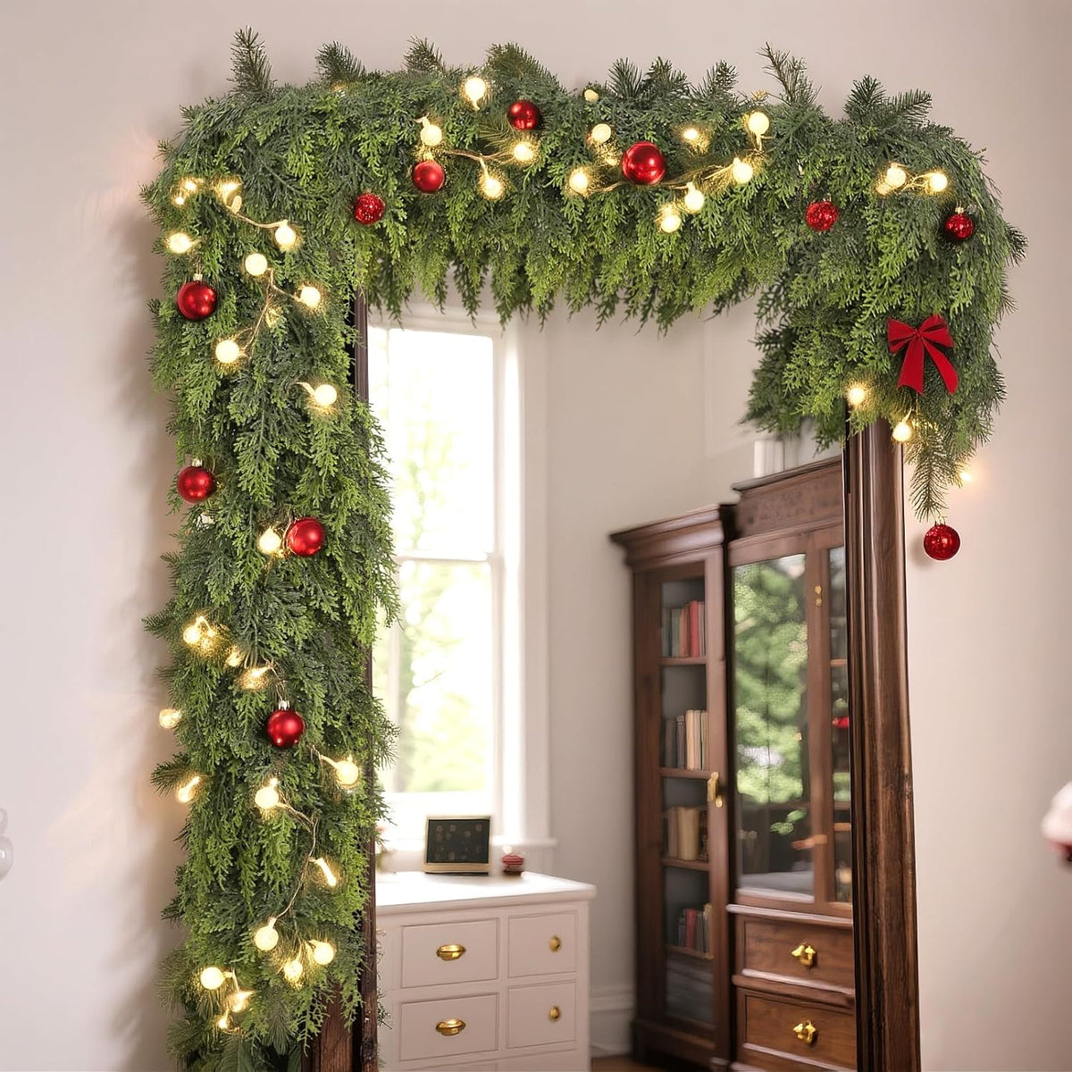 Real Touch Christmas Cedar Garland -5ft Artificial Garlands Faux Cedar Fake Pine Needles Garland for Fireplace,Table,Window,Stairs,Mante,Holiday Indoor Outdoor Xmas Decor(1PCS)