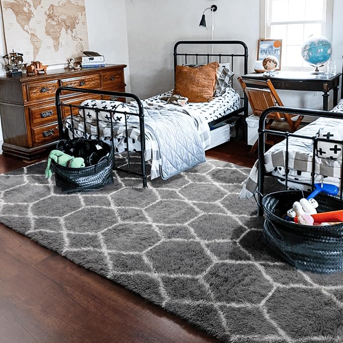 Area Rugs for Bedroom Living Room, 4x6 Fluffy Grey and White Geometric Rug | - Image 7