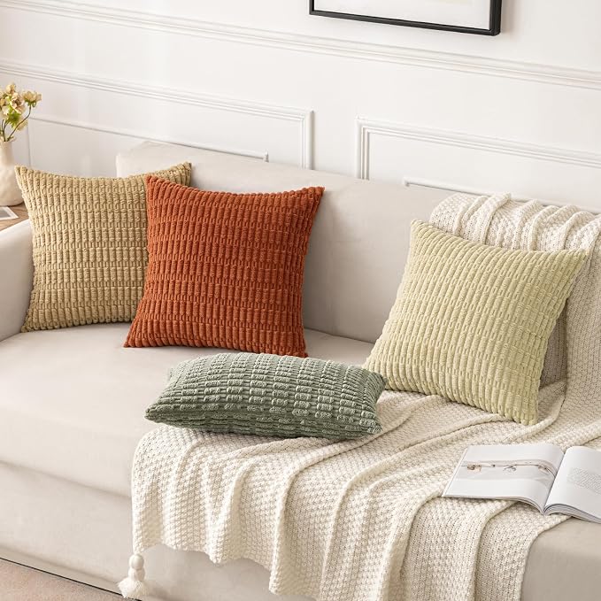 MIULEE Corduroy Decorative Throw Pillow Covers 16x16 Light Olive Pack of 2 | - Image 7