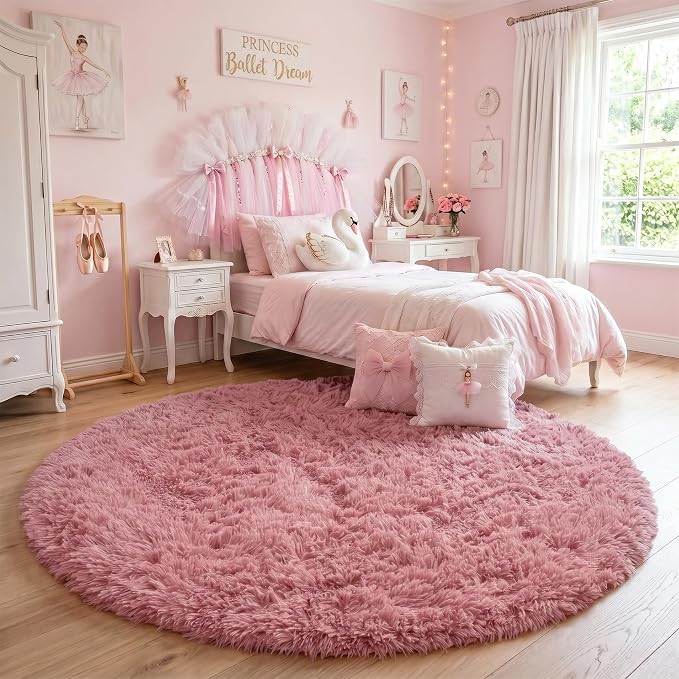 Amdrebio Blush Pink Big Round Fluffy Rug 7Ft - Image 8