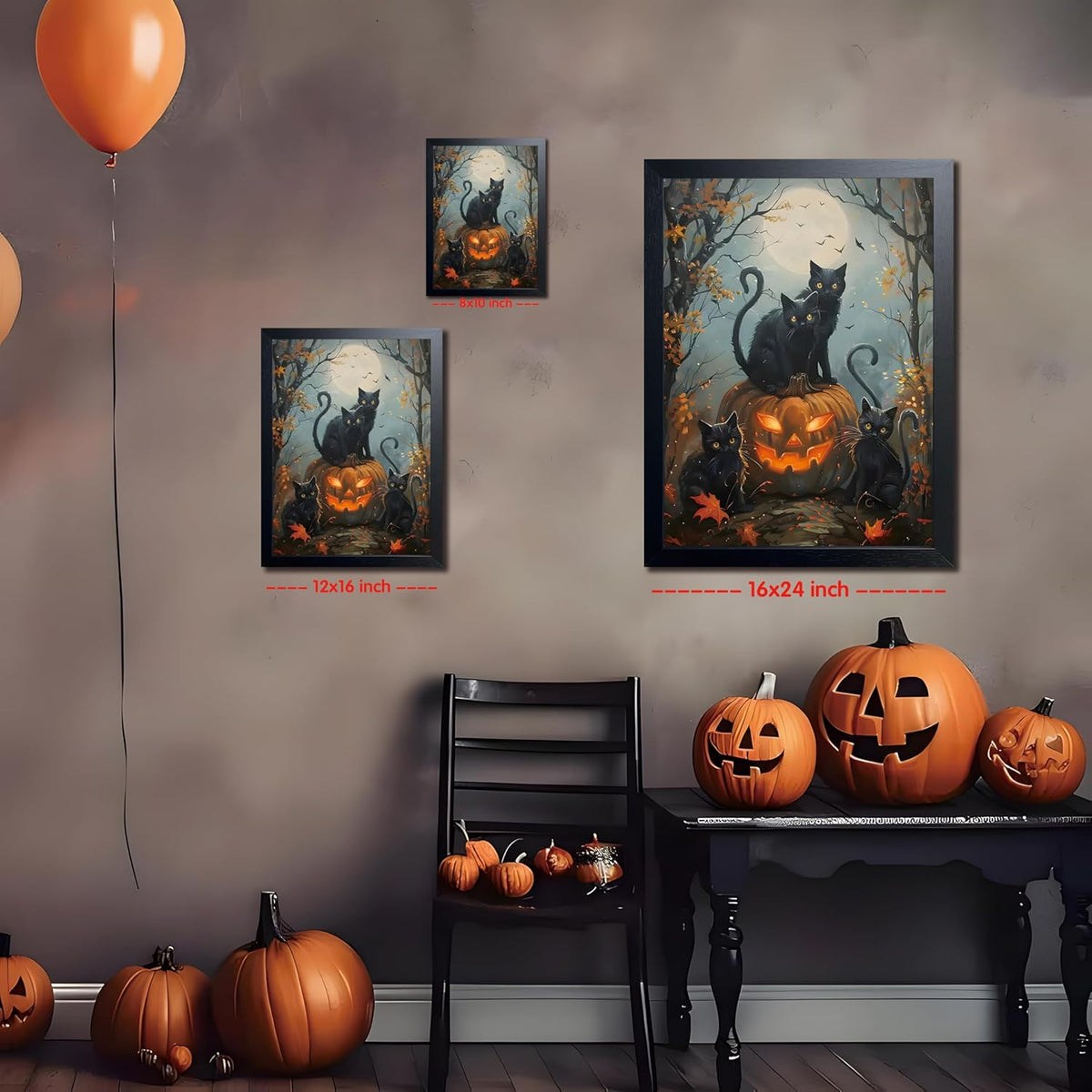 Halloween Black Cat Wall Art, Dark Academia Spooky Pumpkin Poster Wall Decor, Vintage Gothic Witchy Cat Canvas Print, for Bedroom Living Room Aesthetic Decor 12x16 Inch Wood Framed