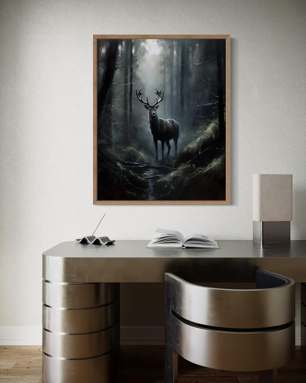 Deer in Forest Poster Art Print, Halloween Scary Vintage Wall Art Academia Spooky Painting Decoration for Horror Prints, Gothic Posters Bedroom Decor 89 (Deer in Forest, 11 x 14 inches, Wood Frame)