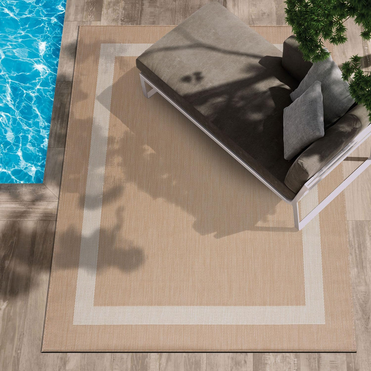 CAMILSON Outdoor Rug 8x10, Modern Outside Rugs for Patios Porches Waterproof Durable Washable Non-Shedding, Easy-to-Clean Indoor Outdoor Area Carpet (8 x 10, Bordered - Beige/White)