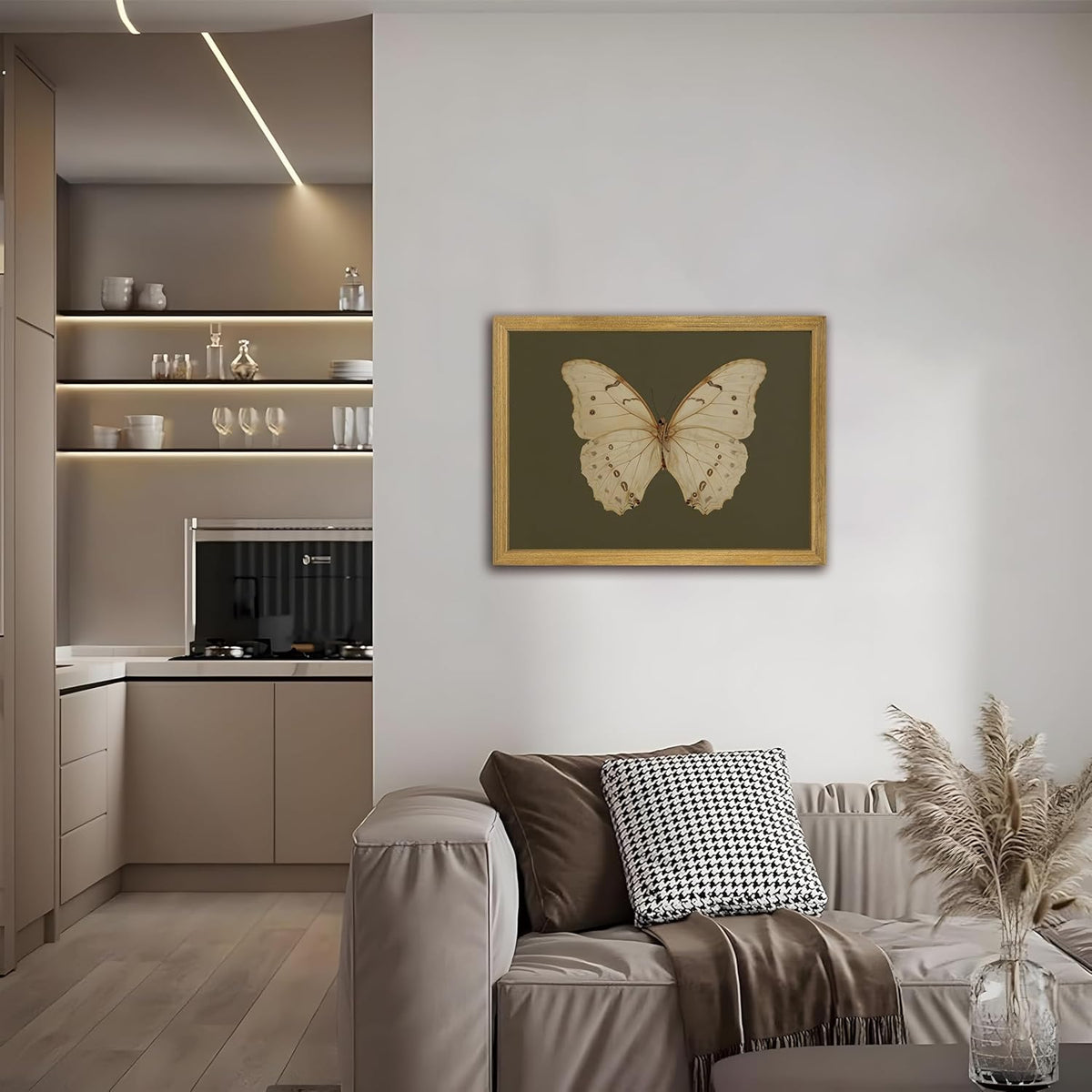Wood Framed White Butterfly Wall Art, Vintage Butterfly Oil Paintings, Dark Moody Insect Canvas Prints, Boho Sage Green Wall Decor, for Bedroom Kitchen Bathroom Cottagecore Room Decor - 16x24 Inch