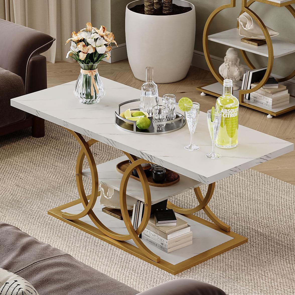 GiftGo Rustic Coffee Table with Storage Modern 3 Tier Center Living Room Table Faux Marble Wooden Rectangle Cocktail Tea Table for Office Bedroom Elegant Full Moon Design (White Gold, L-47)
