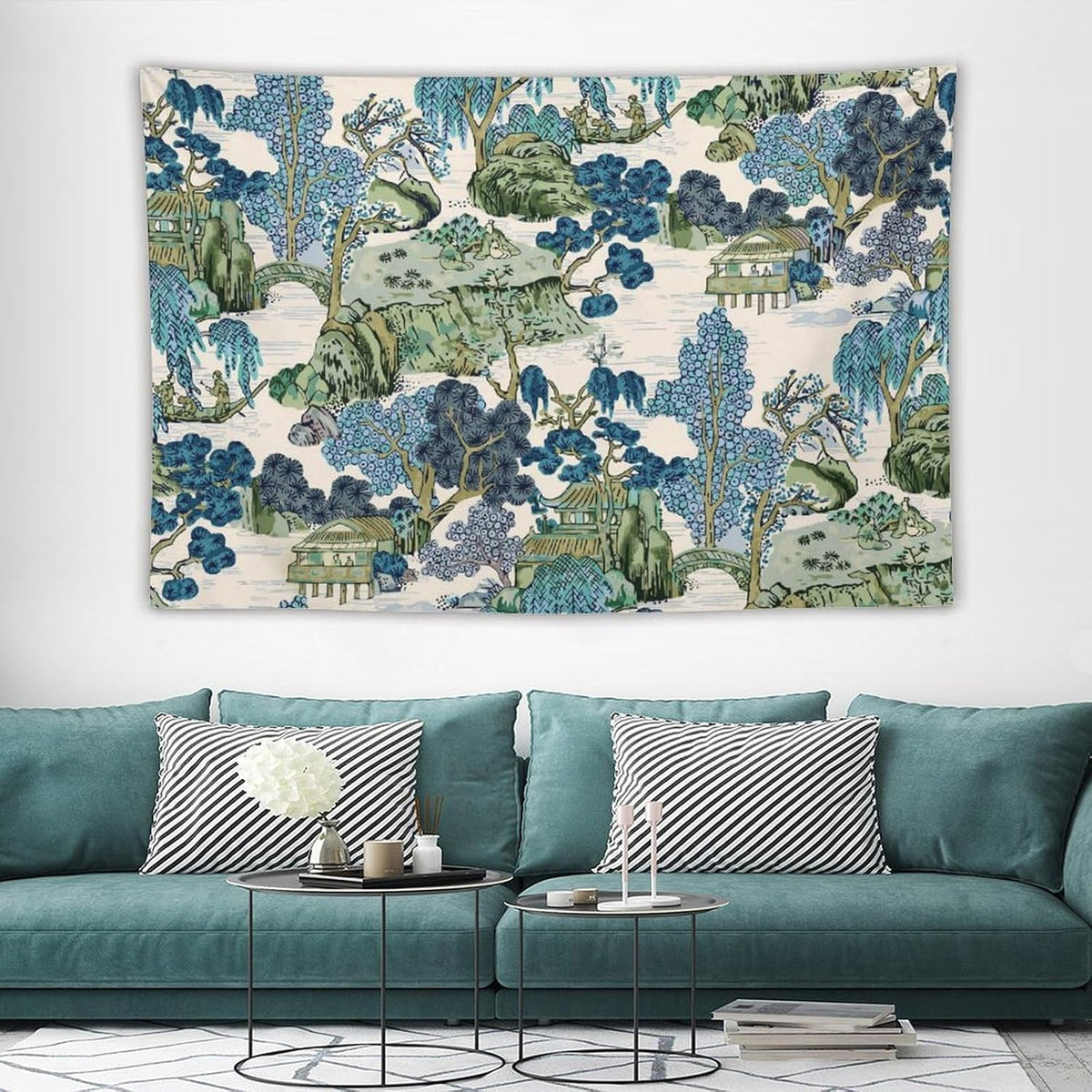 Chinoiserie Tapestry, Asian Watercolor Abstract Art, Japanese Wall Tapestry, Nature Landscape Tapestries for Bedroom, Living Room Decor 90"x60"