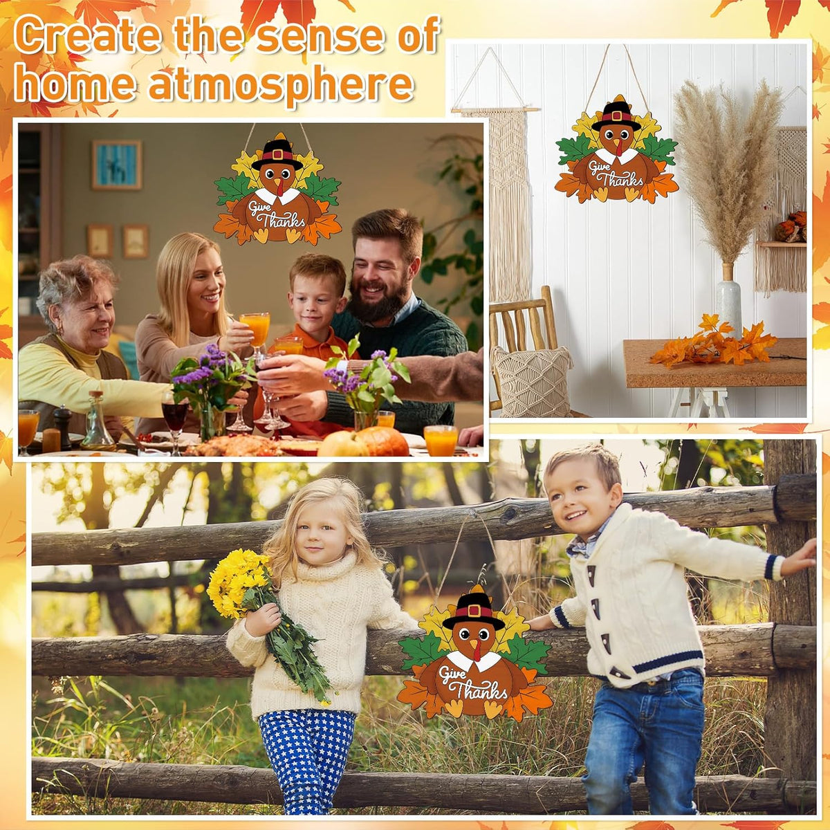 Paintable Thanksgiving Ornaments 3 Sets, Wooden Turkey Ornaments to Paint, Unfinished Give Thanks Wreaths Wood Crafts for Painting, Wood Cutouts DIY Ornament for Door Decor