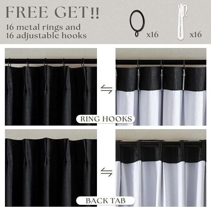 Black Pinch Pleated Full Blackout Linen 80 Inch Window Curtains 2 Panels | 100% - Image 6