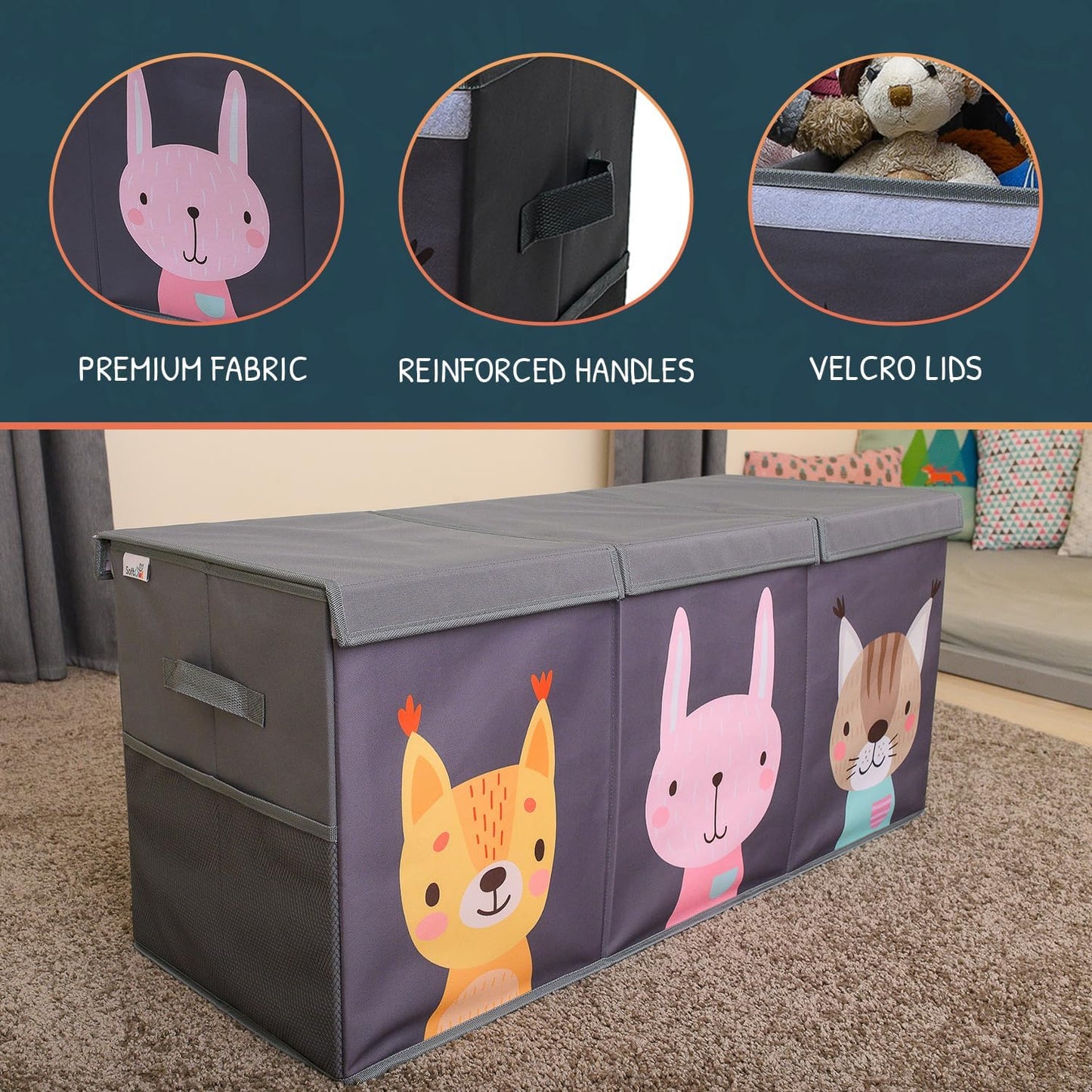 Extra Large Toy Storage Organizer with Lid - Sturdy, Collapsible Toy Chest Storage Box with Cute Design - Toys Bin with Dividers for Kids, Boys, Girls, Nursery, Bedroom, Play room 37"x16"x14"