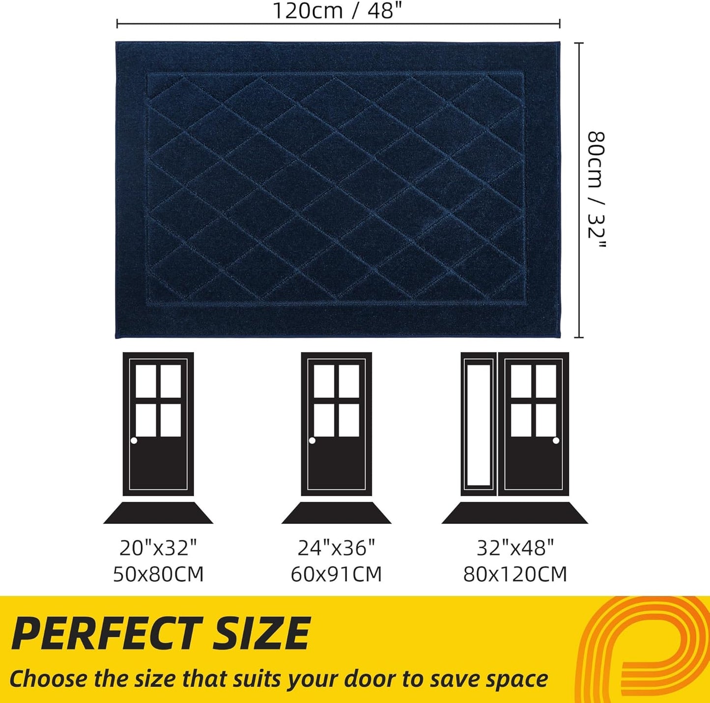 JSEI Dirt Trapper Door Mat 32"x48", Non-Slip Washable Entryway Mats, Dog Door Mat, Stain Resistant and Absorbent Floor Mats, Low Profile Welcome Mat for Front Back Door, Navy Blue