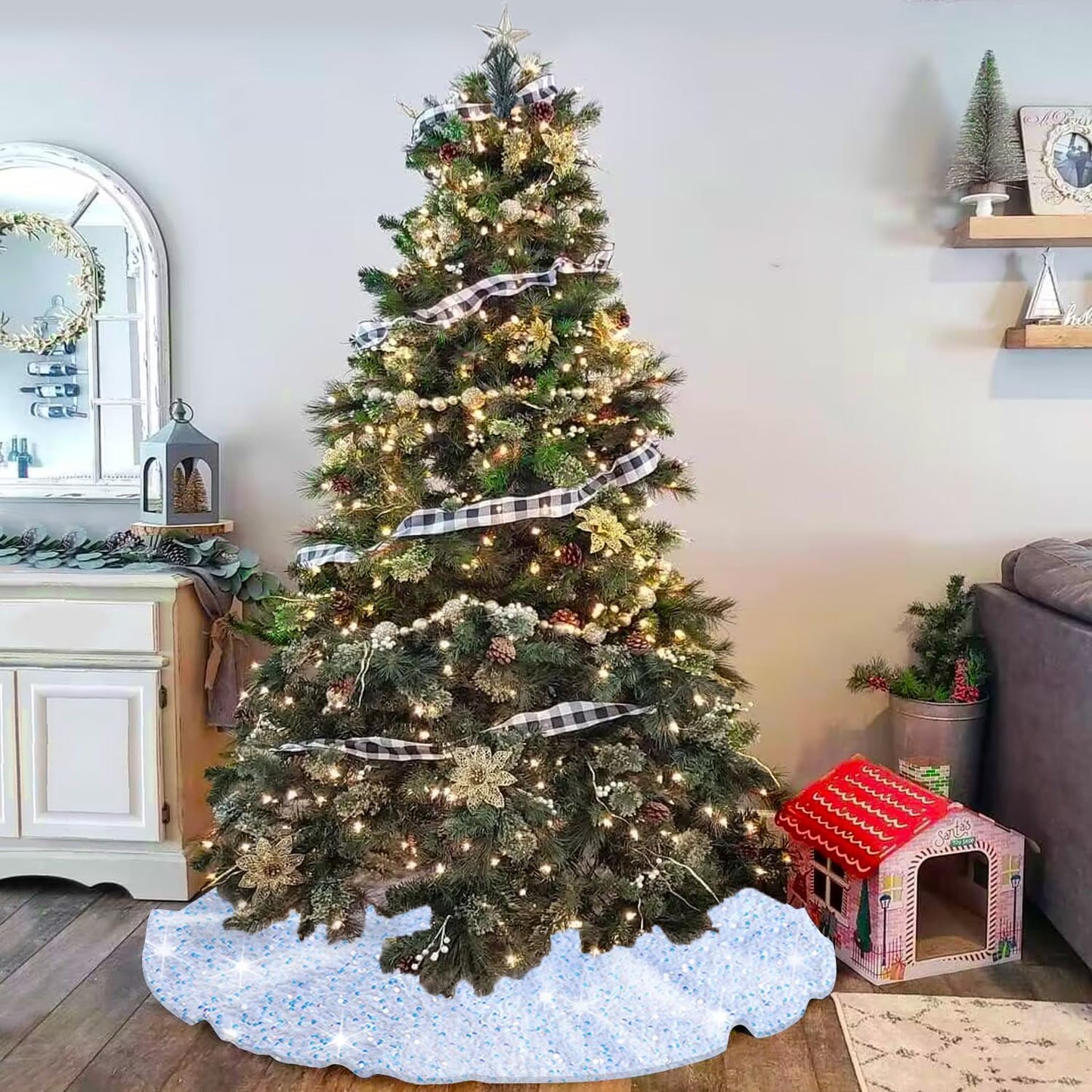 MODFUNS Christmas Tree Skirt Iridescent White Sequin Xmas Tree Skirt 36 Inch Glitter Velvet Tree Skirt Mat Shimmer Christmas Tree Floor Skirt Shiny Tree Collar for New Year Xmas Tree Decoration