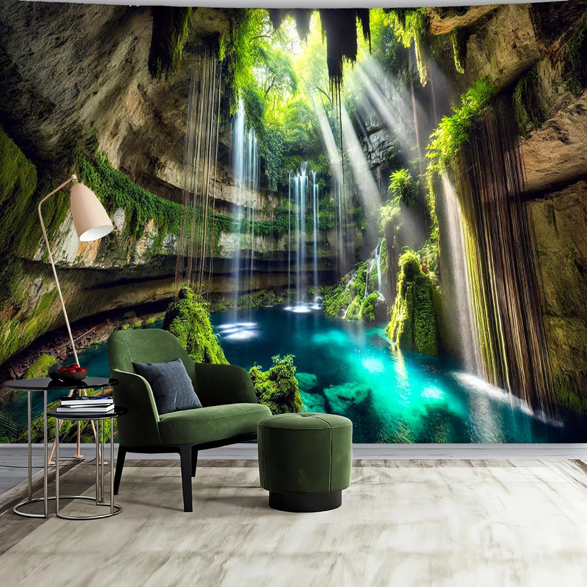 BSFHH Nature Tapestry Forest Tree Sea Cave Wall Hanging, Stream Through Rainforest Landscape Wall Art Tapestry for Bedroom Living room (Fall, 79"×59", Unframed)