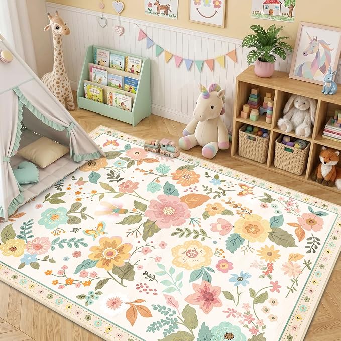 RELEANY Floral Washable 5x7 Area Rugs Beige/White/Orange | Flower Carpet Print - Image 2