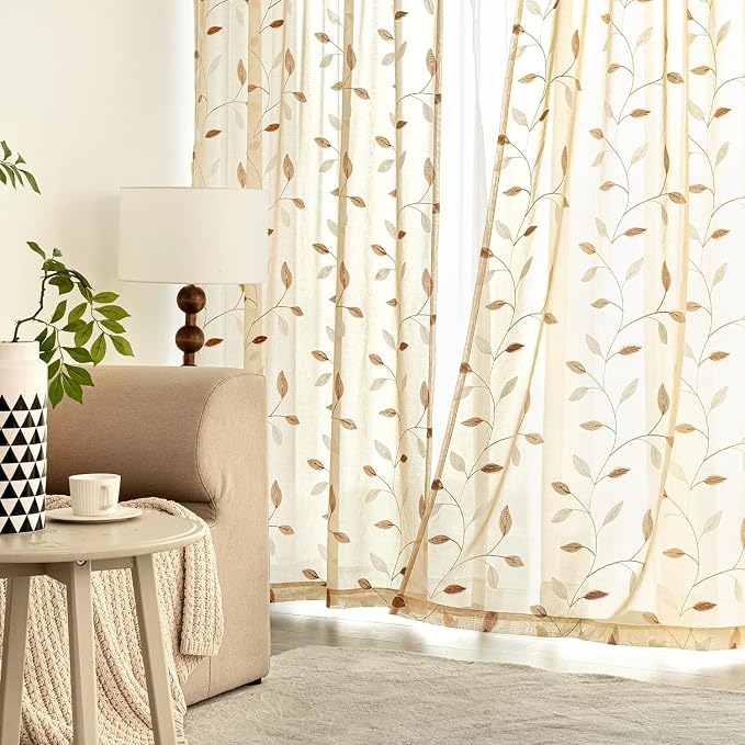 MIULEE Beige Sheer Curtains 2 Panels Embroidered Leaf Patterned, W52 x L96 | - Image 3