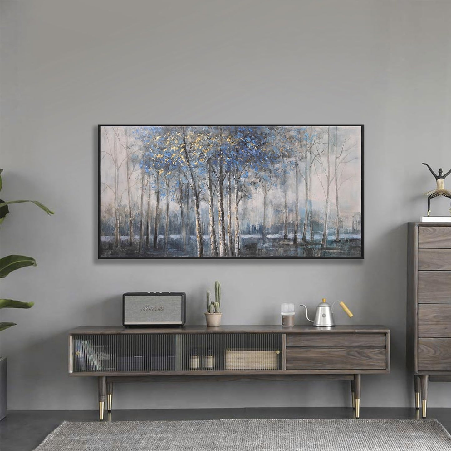 Framed Wall Art Scene Nature Decor Canvas Print Blue Embellishments Plant Grey Misty Forest Abstract Tree Painting Picture Artwork Framed Wall Decor For Living Room Bedroom Living Room And Apartment