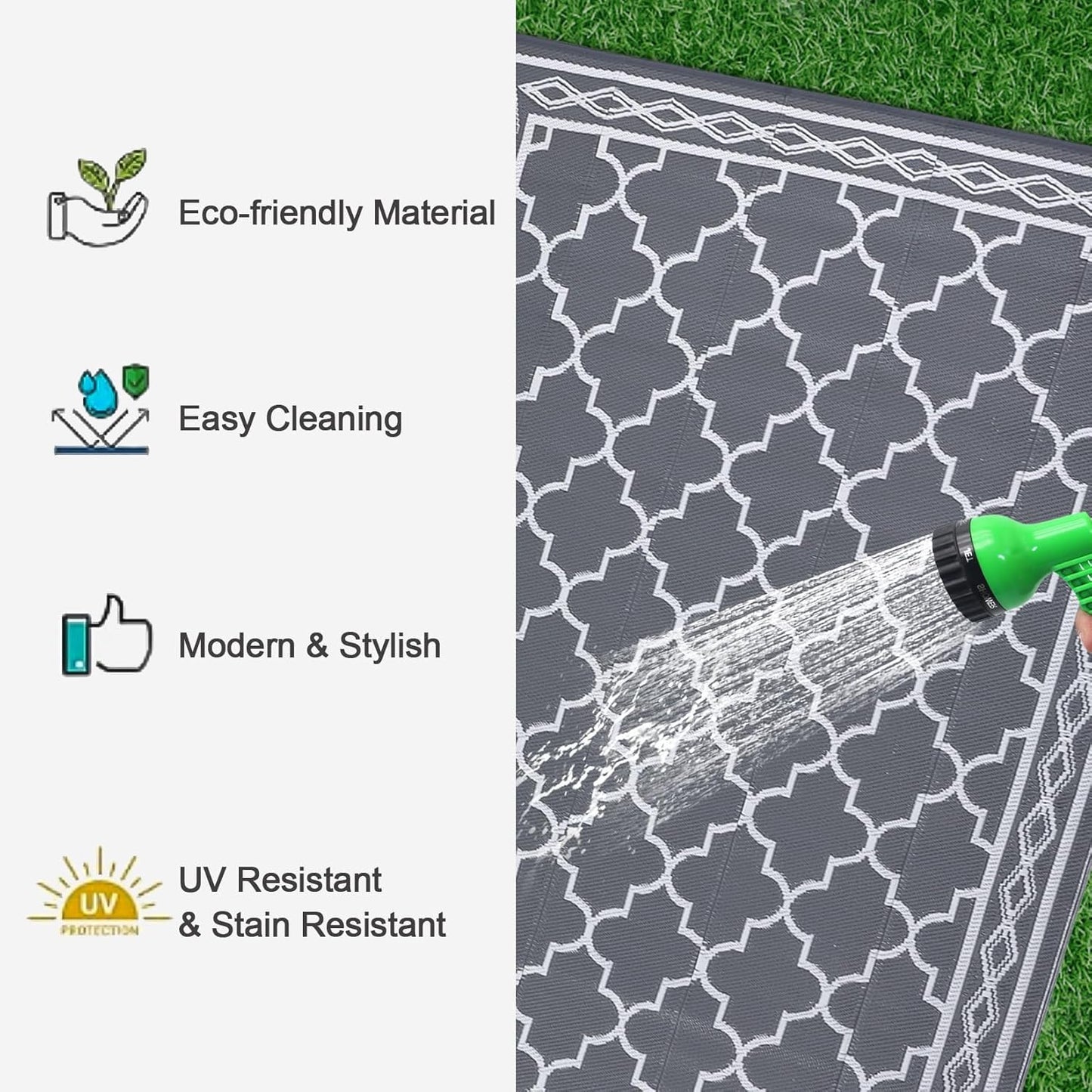 GAOMON Outdoor Plastic Straw Rug, 10'x14' Reversible Sage Green Patio Mat, Flower Modern Design for RV, Backyard, Deck, Camping, Picnic, Grey/White(Geometric)