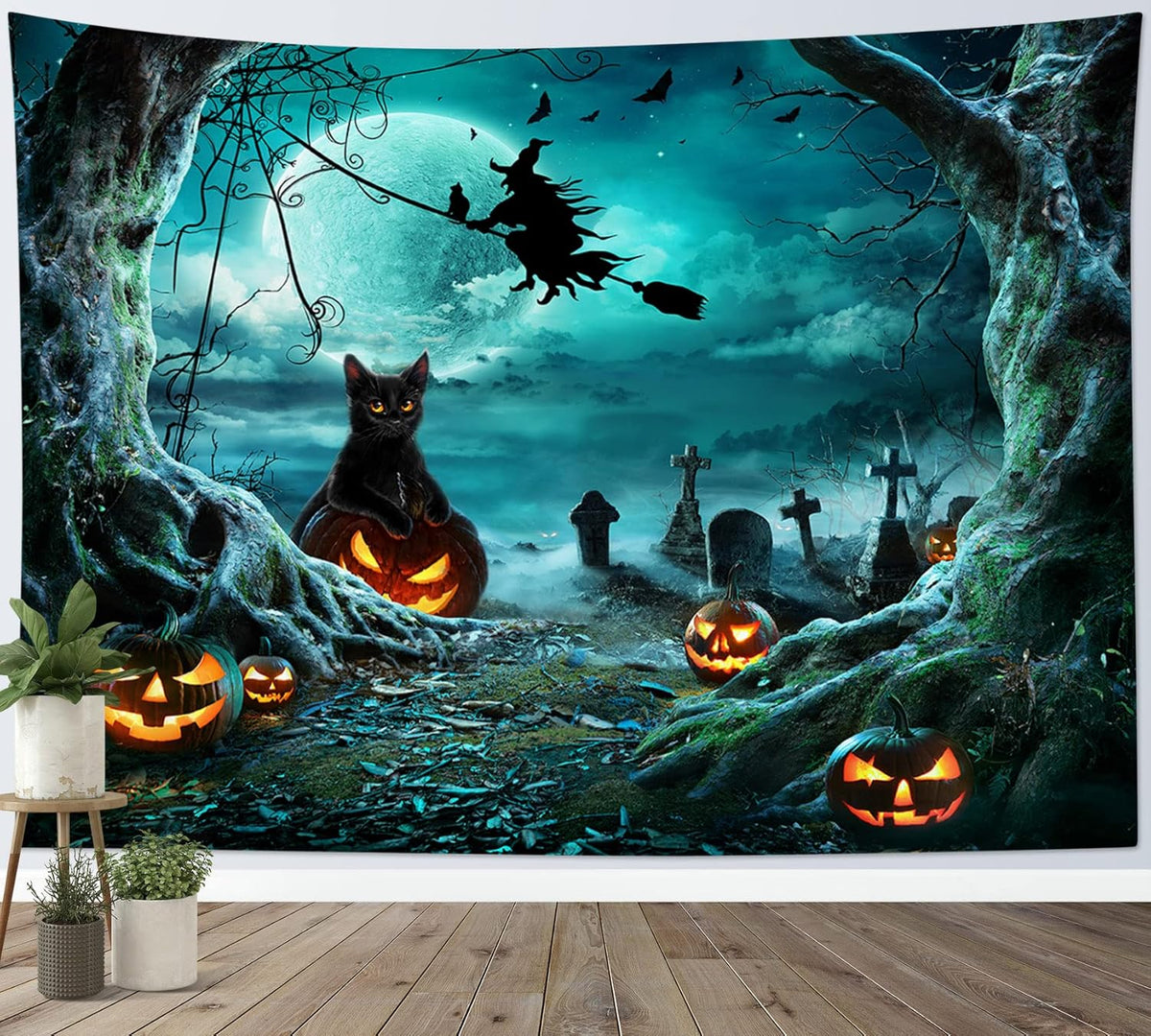 LB Halloween Tapestry Pumpkins Black Cat Dead Tree in Spooky Graveyard Full Moon Night with Witch Halloween Wall Hanging for Bedroom Living Room Dorm Decor 92.5x70.9 Inch