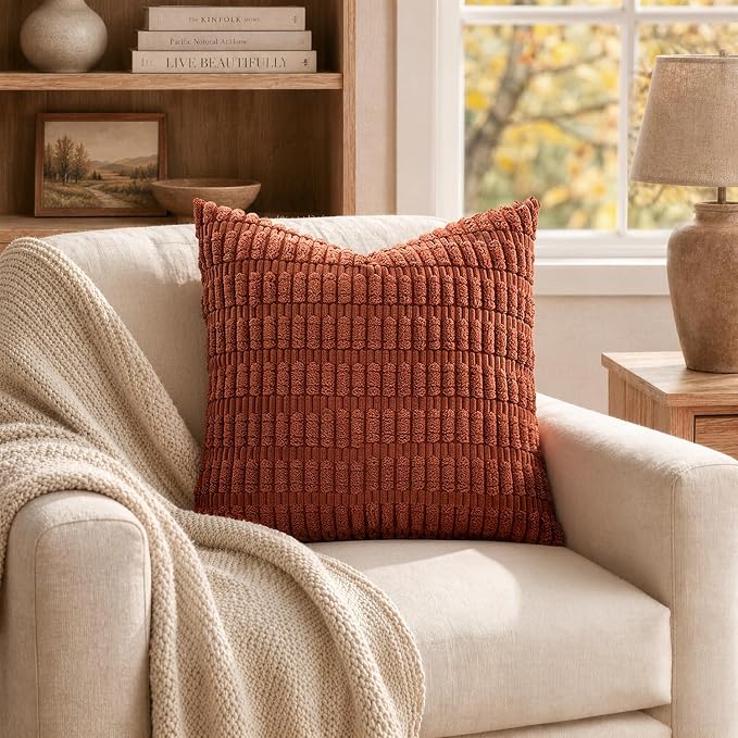 MIULEE Fall Euro Sham Corduroy Decorative Throw Pillow Covers 24x24 Rust | - Image 6