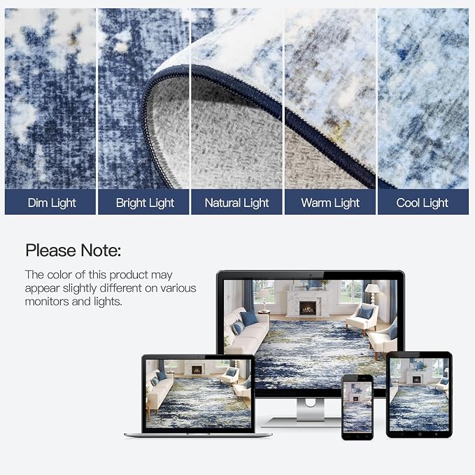 9x12 Area Rug for Living Room, Abstract Washable Large Rugs, Dark Blue | - Image 9