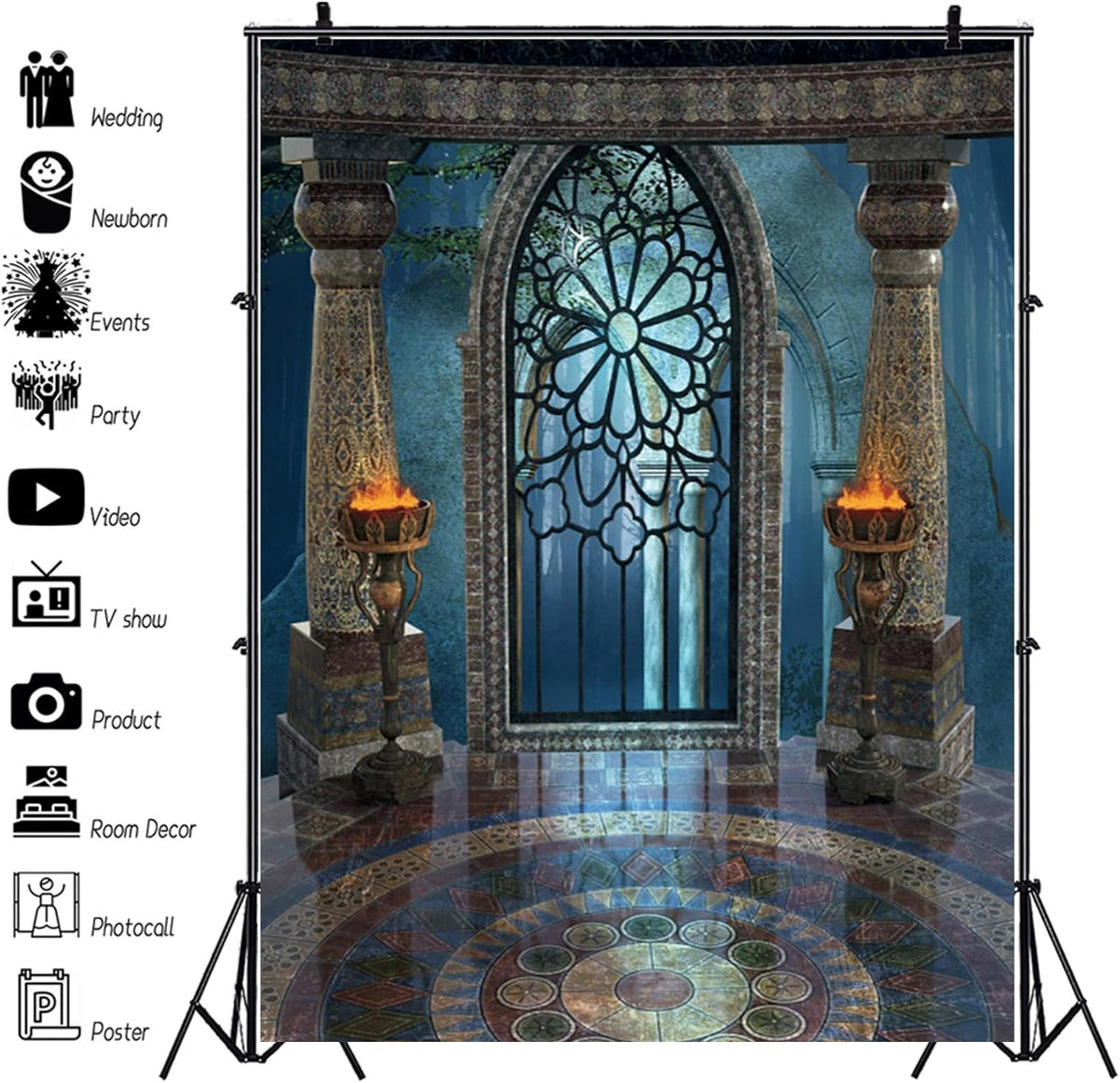 Renaiss 8x12ft Medieval Castle Backdrop for Photoshoot Portrait Pillar Torch Gothic Stone Tower Ancient Old Fortress Interior Photography Background Halloween Party Decor Wallpaper Photo Studio Props