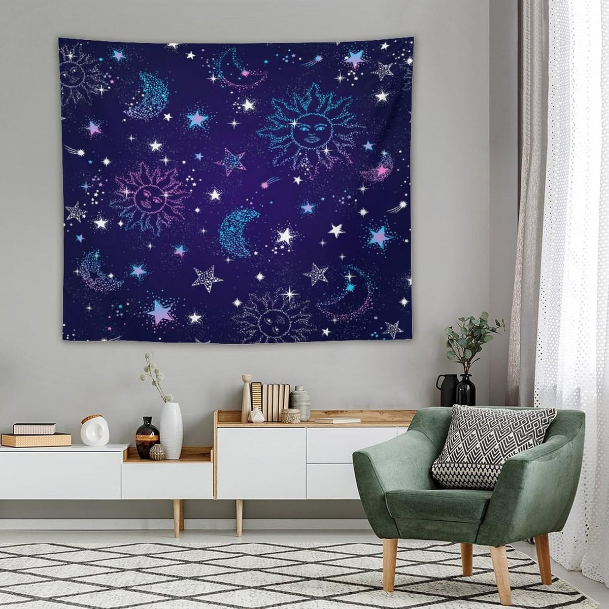 HZOHNAGO Boho Sun Moon Tapestry Purple Blue Sun Stars Galaxy Pattern Printed Wall Tapestry Wall Hanging for Bedroom Living Room Dorm 60" W x 50" H