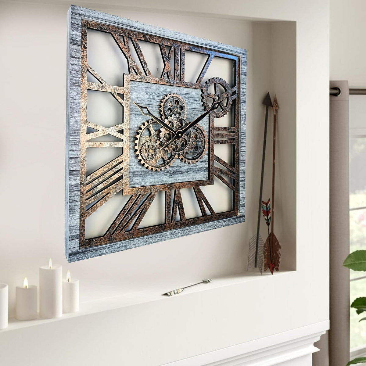 The Gears Clock 24'' Inch Square Real Moving Gear Wall Clock Vintage Industrial Oversized Rustic Farmhouse (Silver Grey)