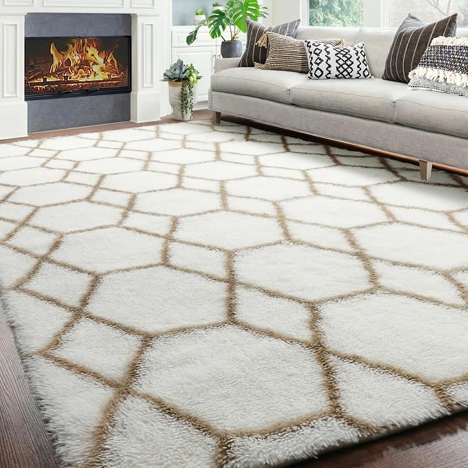 Area Rugs for Living Room, 5x8 Fluffy White and Beige Bedroom Geometric Rug | - Image 7