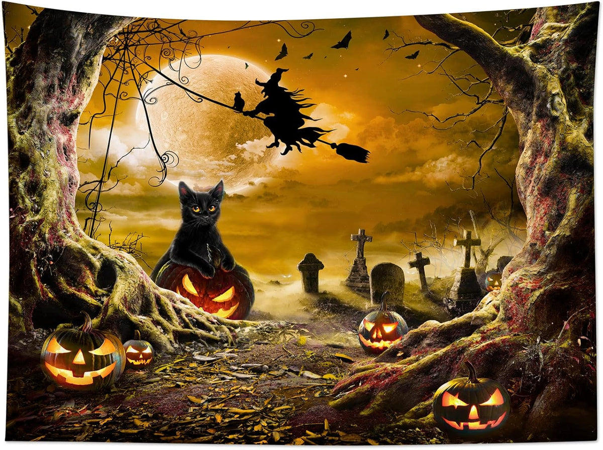 LB Halloween Wall Tapestry with Horror Witch, Cat, Dead Tree, Pumpkin Lights, Spooky Graveyard, Orange Full Moon over Misty Forest - 92.5x70.9 Inches for Bedroom, Living Room, Dorm