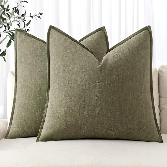MIULEE Decorative Linen Euro Sham Pillow Covers 24x24 Light Olive Green | Boho by MIULEE