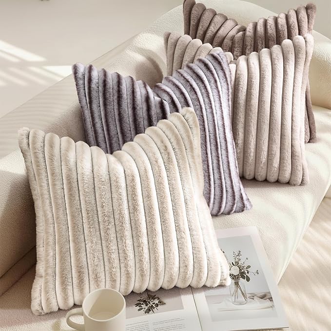 decorUhome Fall Faux Fur Throw Pillow Covers 16x16 Set of 2 Light Coffee | - Image 4