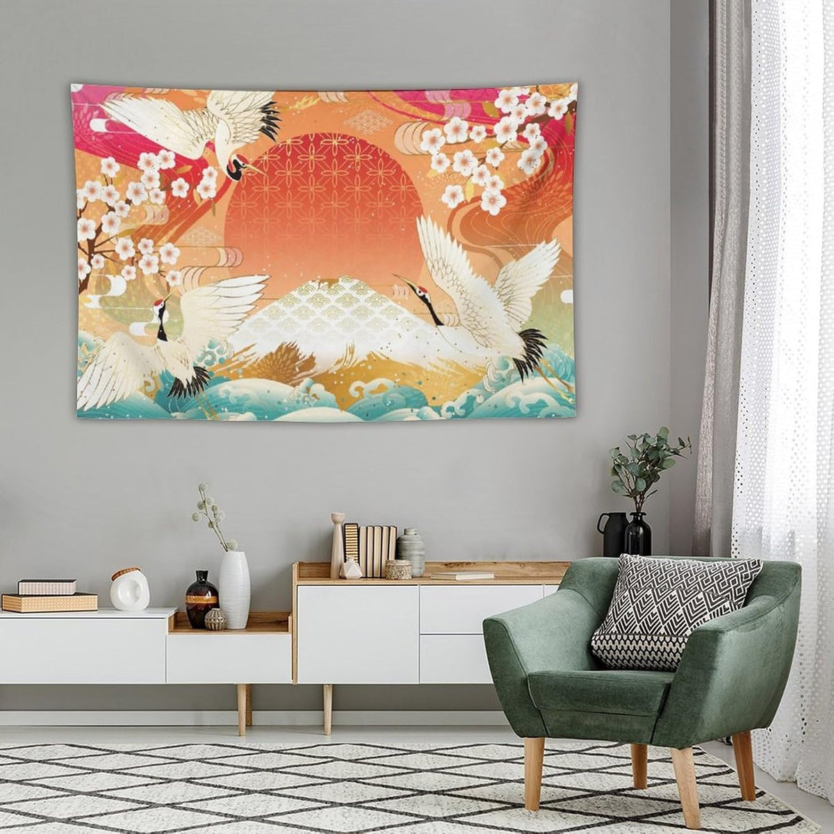 HZOHNAGO Japanese Tapestry Cherry Blossom Crane Sea Wave Fuji Mountain Red Sun Pattern Printed Wall Tapestry Painting Wall Hanging for Bedroom Living Room Dorm 60" W x 40" H