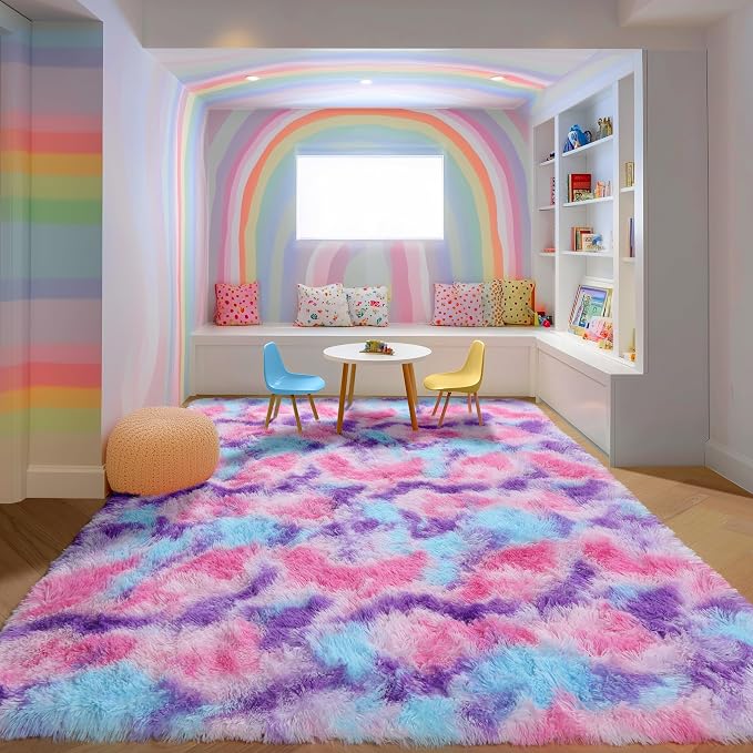 Rainbow Area Rugs for Girls Bedoom 4x6 Ft, Fluffy Cute Colorful Pastel Rug | - Image 3