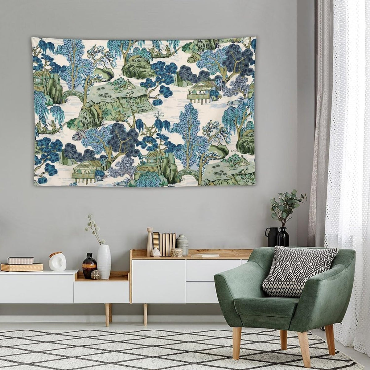 Chinoiserie Tapestry, Asian Watercolor Abstract Art, Japanese Wall Tapestry, Nature Landscape Tapestries for Bedroom, Living Room Decor 90"x60"