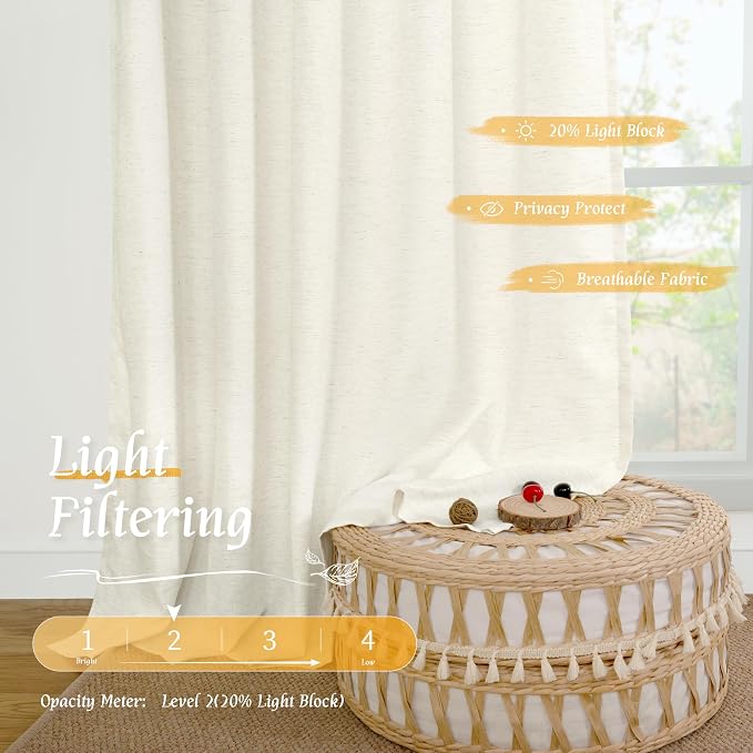 Natural Cream Linen Curtains for Living Room 72 Inch Length 2 Panels | Light - Image 4
