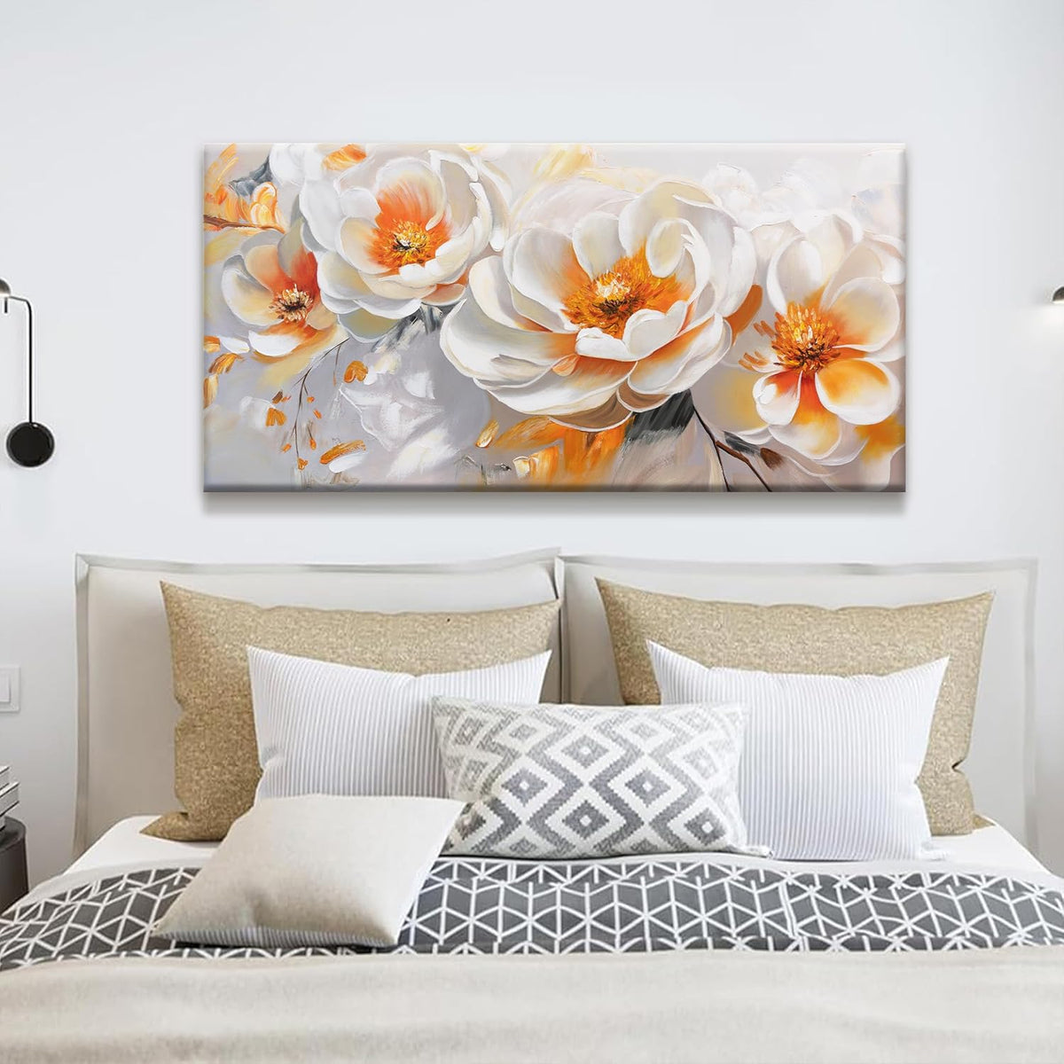 Suconvng Canvas Art Wall Decor Modern Minimalist Home Wall Decor Flower Paintings Orange White Wall Art Prints Floral Art Pictures For Bedroom Kitchen Office Artwork 20"×40"