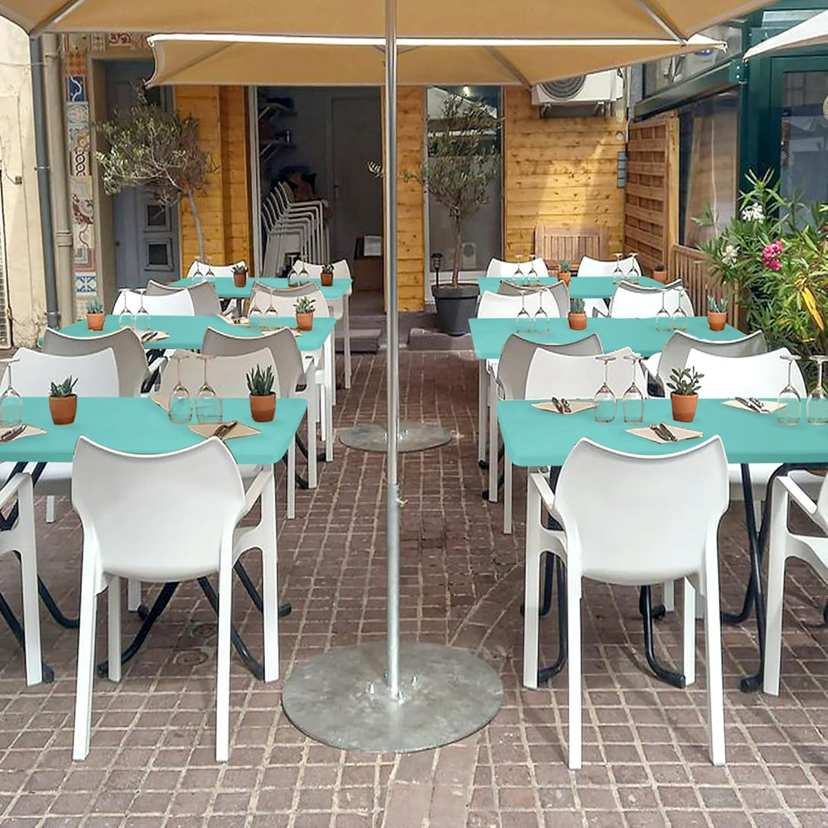 Fitted Tablecloth for 8 foot Rectangle Tables-6 Pack Aqua Blue Elastic Outdoor Picnic Table Cover-Spandex Stretch Folding Table Cloths 8ft for Camping Dining Room Patio Kitchen Banquet Party