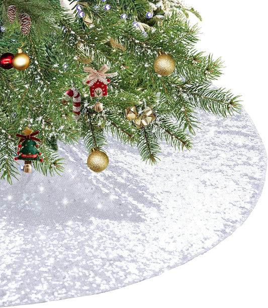 Eternal Beauty Christmas Tree Skirt, 50 Inch Silver Sequin Tree Skirt Small Xmas Tree Skirt for Christmas Tree Decorations