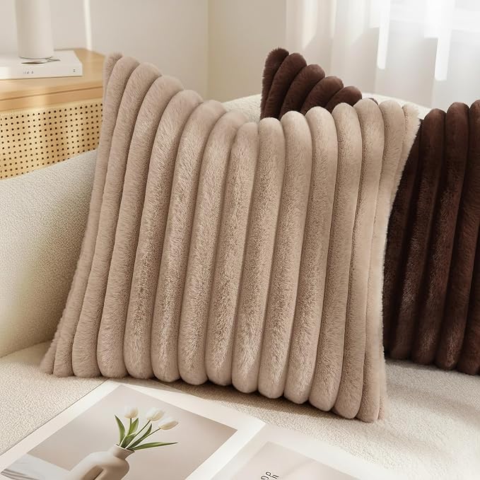 decorUhome Fall Faux Fur Throw Pillow Covers 12x12 Set of 2 Khaki Brown | - Image 4