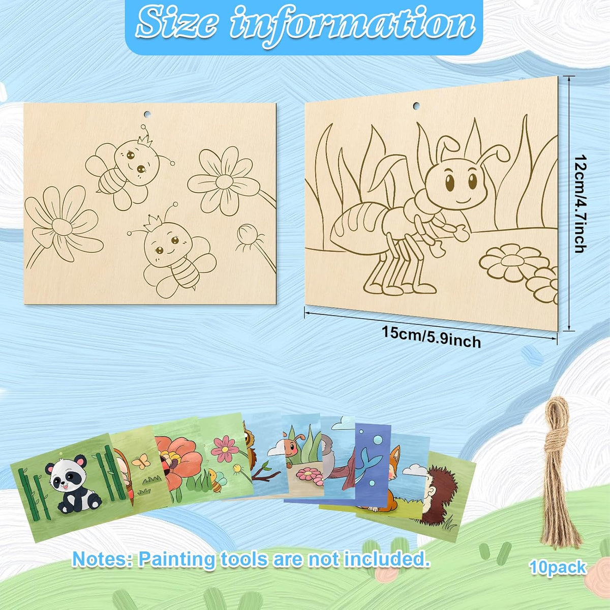 COCHIE 10 Pieces Large Cute Animals Unfinished Wood Crafts to Paint for Kids Adults, Bulk Predrilled Wooden Ornaments for Painting, Animal Paintable Wood Slices Craft Supplies with Ropes