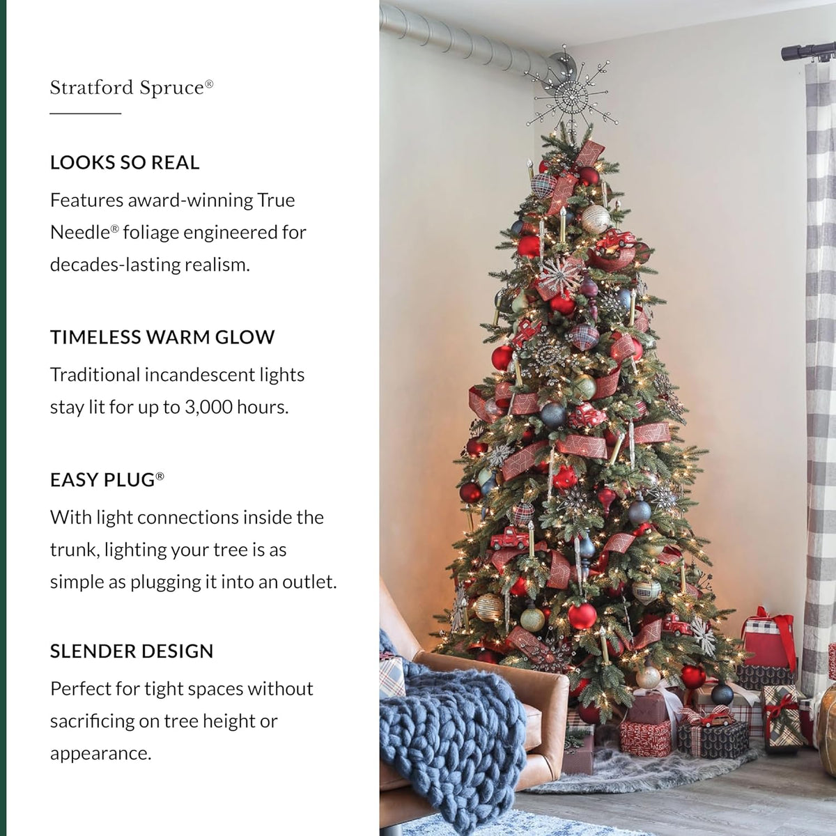 Balsam Hill 7.5ft Pre-Lit Stratford Spruce - Slim Artificial Christmas Tree with 600 Clear Incandescent Lights, True Needle Foliage, Easy Plug Technology & Premium Stand for Small Spaces