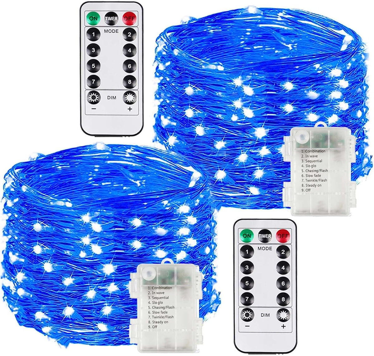 2 Pack Each 33Ft 100LED Battery Operated Fairy Lights with Remote, Waterproof Battery Christmas Twinkle Light with Timer, String Lights for Bedroom Christmas Decorations (Blue)
