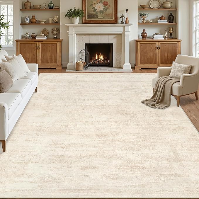 Area Rugs 9x12 Living Room: Bedroom Washable Carpet Retro Beige | Large Vintage by Luxturiy