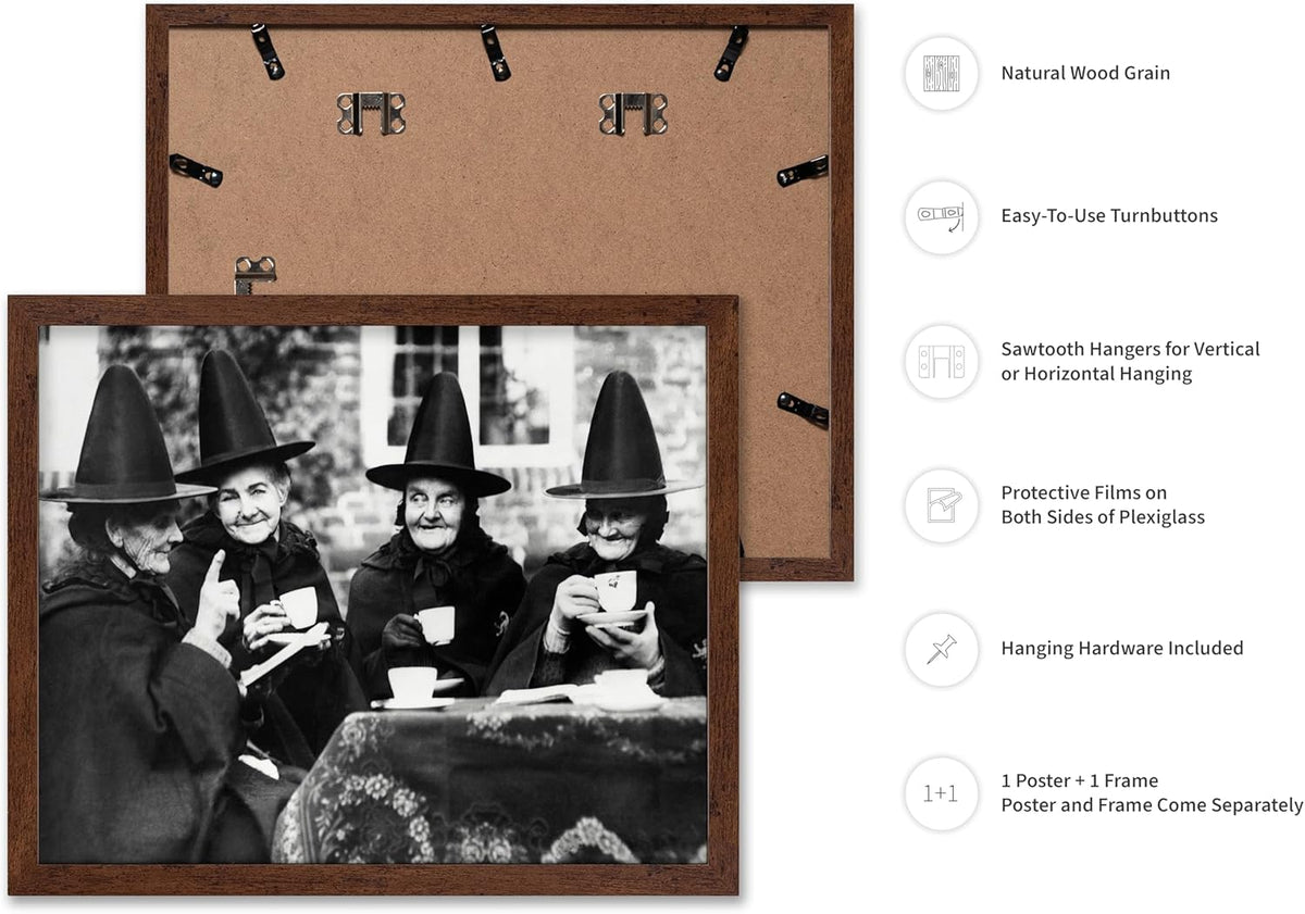 Poster Master Classic Photograph Poster - Vintage Halloween Print - Gift for Artist, Friend - Witches Tea Party, Old Women Smiling, Wearing Robes - Wall Decor for Living Room, 11x14 Brown Framed