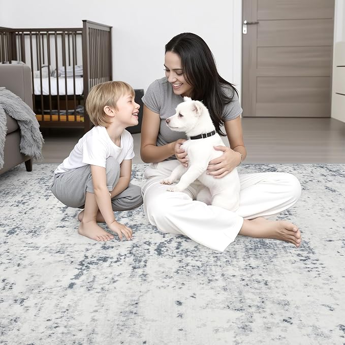 3x14 Washable Runner Rug：Modern Abstract Soft Carpet Blue Grey | - Image 2