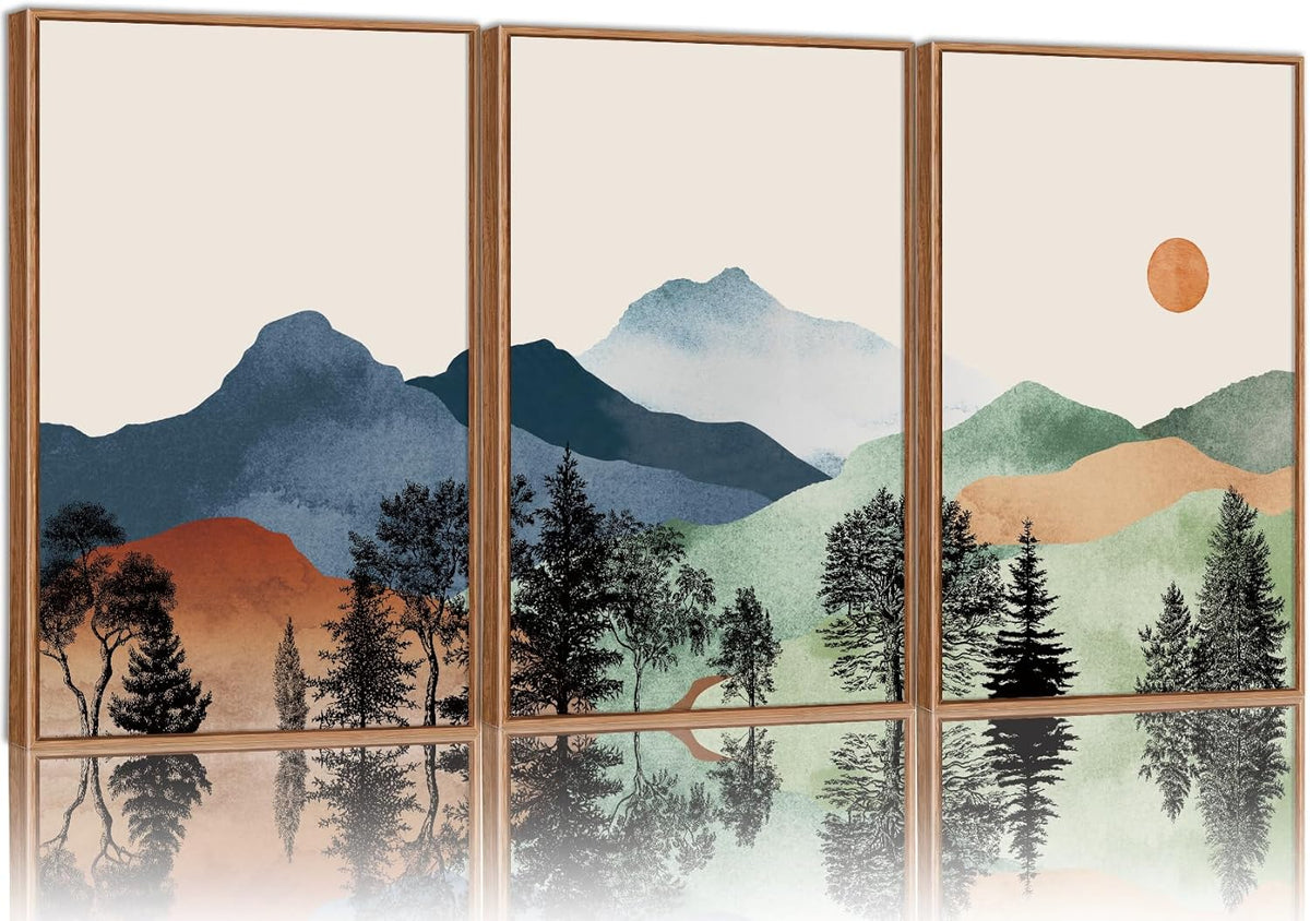 SIGNINART Boho Mountains Framed Canvas Wall Art Set of 3, Watercolor Nature Landscape Art Prints, Neutral Modern Sunrise Art Paintings, Green Forest Wall Decor for Living Room Bedroom Office 24"x36"x3