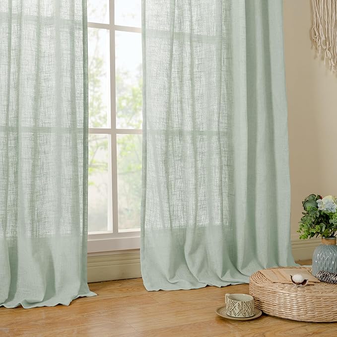 Short Linen Window Curtains 40 Inch Length 2 Panels, Light Sage | Semi Sheer - Image 9